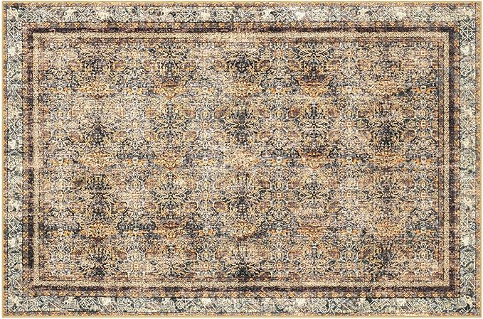 Phantoscope Washable Area Rug 5'x7' Non-Slip, Vintage Neutral Rugs for Living Room, Bedroom, Dining Room, Distressed Boho Floral Medallion Pattern, Low-Pile Foldable Carpet, Brown/Charcoal Spice