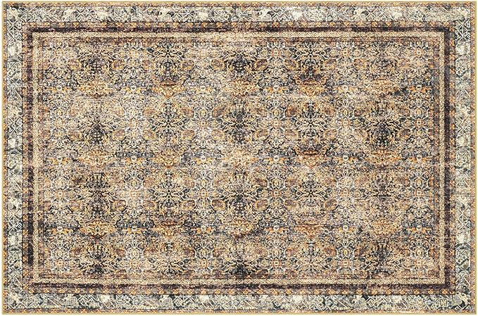 Phantoscope Washable Area Rug 8'x10' Non-Slip, Vintage Neutral Rugs for Living Room, Bedroom, Dining Room, Distressed Boho Floral Medallion Pattern, Low-Pile Foldable Carpet, Brown/Charcoal Spice