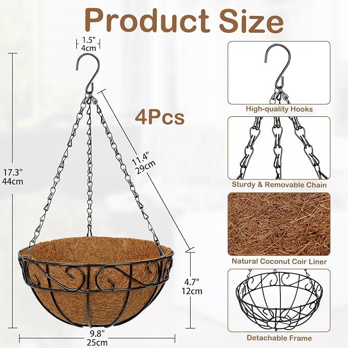 4 Pack 10 inch Metal Hanging Baskets for Plants, Round Metal Wire Hanging Basket Planter with Coco Fiber Liners Chain for Garden Home Porch Patio, Flower Border