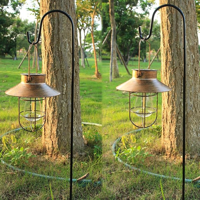 2 Pack Solar Lanterns, Outdoor Hanging Lights Metal with Shepherd Hook Warm White Edison Bulb Design for Garden and Birthday Gifts for Mom Grandma Wife ( Copper)
