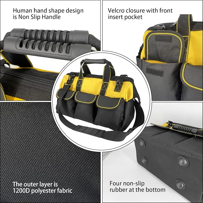 16-inch tool bags for men durable non-slip feet adjustable shoulder strap 14 functional pockets, for electricians, carpenters, gardening (yellow)