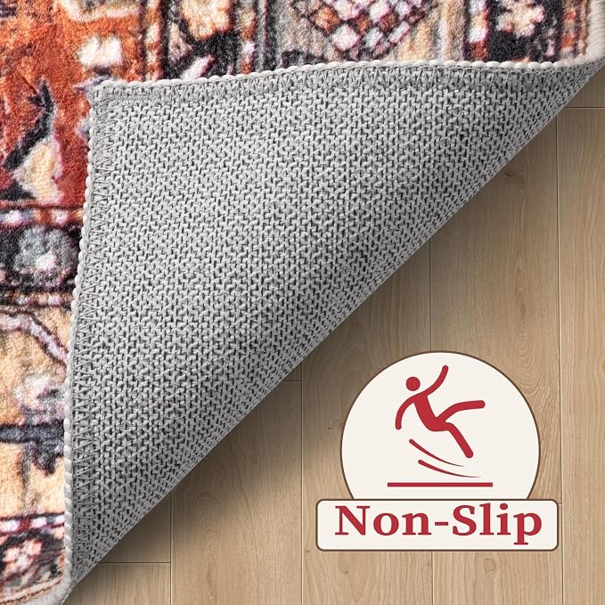 SERISSA 5ft Washable Non Slip Round Boho Area Rug for Bedroom | Ultra Soft Vintage Oriental Carpet Low-Pile Tribal Rust Circular Indoor Mat for Entryway Kids Room College Dorm Living Room