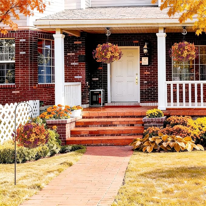 2 Set Artificial Fall Hanging Flower Baskets for Outdoor Autumn Decor, 2 Fall Hanging Baskets with 24Pcs Silk Fake Mums Plants for Front Porch Garden Patio Balcony Yard Home Decoration