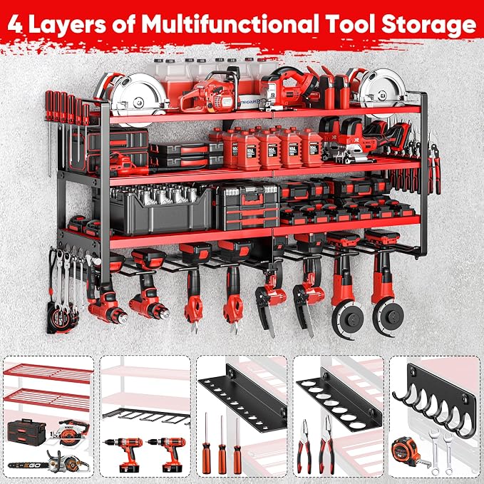 POKIPO Upgrade Large power tool organizer Wall Mount,4 Layers Heavy Duty Metal Loads 400lbs Power Tool Hanger Shelf Battery Storage with 8 Cordless Drill Bit Holder,Utility Racks for Garage Tool Room