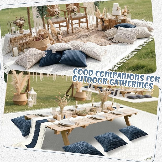 Beeveer Extra Large Outdoor Boho Picnic Blanket 91'' x 71'' Blue Table Runner 6 Throw Pillow Cover Woven Cotton Yarn Oversize Beach Blanket Washable for Picnic Camp Wedding