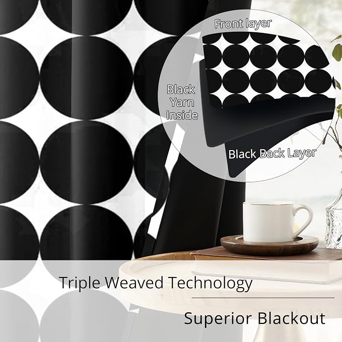 Black and White Polka Dot 100% Blackout Curtains for Bedroom Living Room – Modern Minimalist Dotted Pattern, Thermal Insulated, Noise Reducing, Grommet Drapes, Set of 2 Panels, Each W52xL63