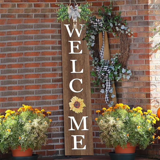 flowtorely Interchangeable Outdoor Welcome Sign for Front Porch Standing 47"×8" Set of 3 Large Wood Frame with 12 Pcs Icons Vertical Tall Leaner Outside Welcome Sign for Front Door Decor (Wood)