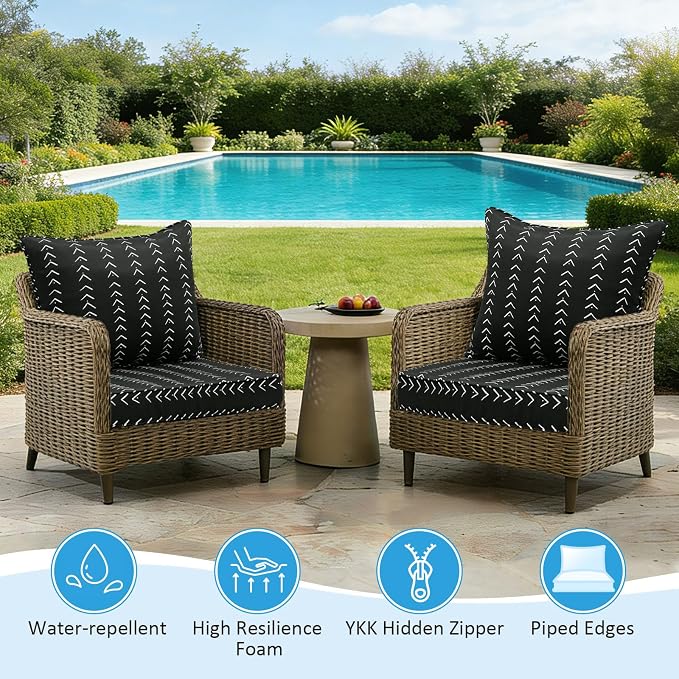 Outdoor Deep Seat & Back Cushion Set (2-Pack), 24 x 24 Inch Water Repellent and Fade Resistant Patio Furniture with Removable Cover for Outside Sofa Couch, Noir Trace