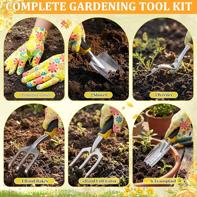 Blueweenly 9 Pcs Watering Can Garden Tools Kit with Bible Verse Christian Gardening Gifts for Women with Heavy Duty Garden Hand Tools 1.6L Galvanized Metal Can Apron Gloves for Mom Grandma(Yellow)
