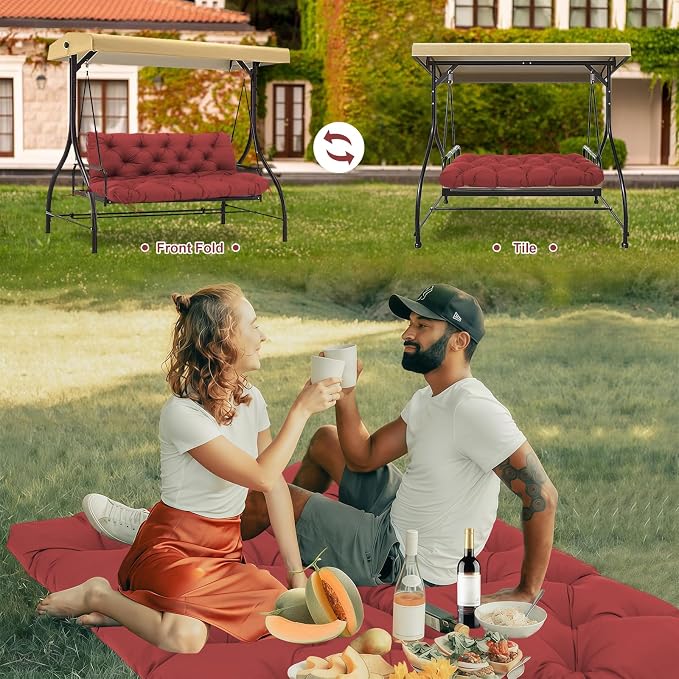Porch Swing Cushions 3 Seater Replacement Thicken 5" Waterproof & Fade Resistant Swing Cushions for Outdoor Furniture Patio Swing Bench Cushion with Backrest & Ties (Wine Red 60x40x5inch)