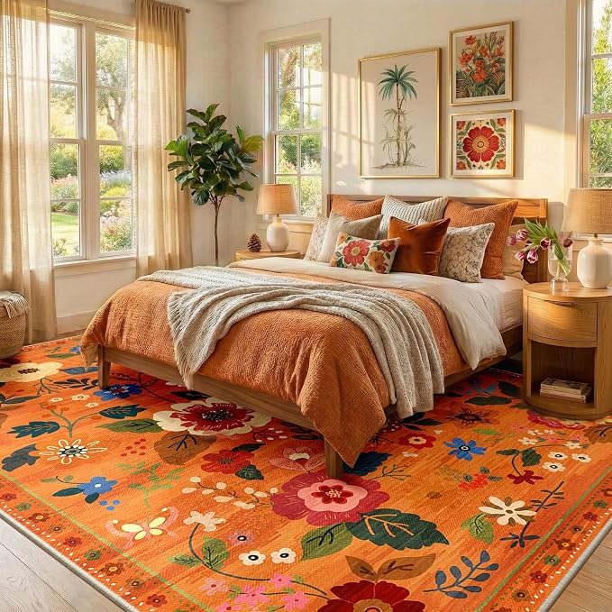 RELEANY Floral Washable 9x12 Area Rugs BurntOrange | Flower Carpet, Print, Boho, Non-Slip, Easy to Clean, Soft, Low Pile for Living Room Bedroom Kitchen Office Entryway Hallway