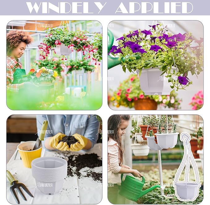 AUEAR, 50 Pack Plastic Plant Hangers Hanging Flower Planter Containers with Drainage Holes and Hooks for Outdoor Indoor White