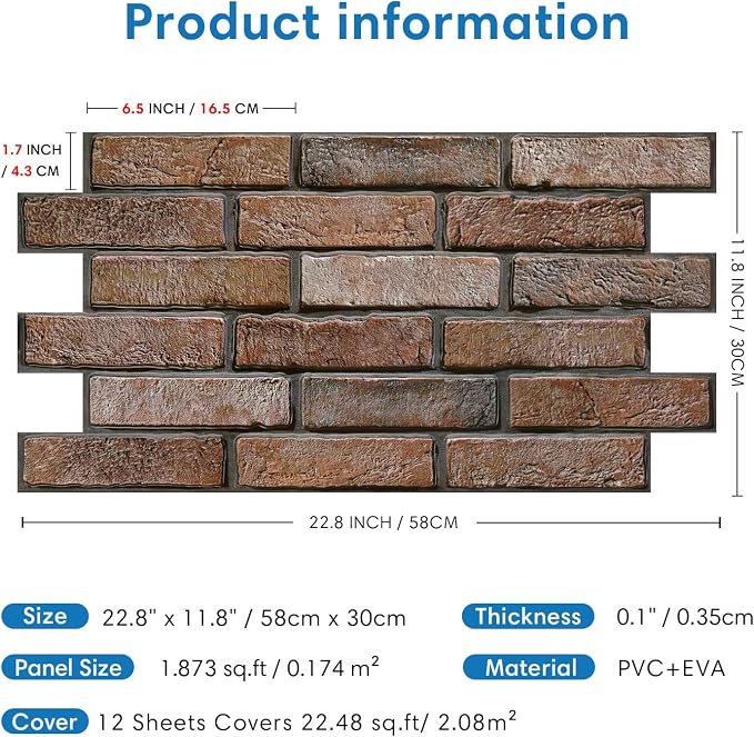 COMSTICKC 3D Brown Faux Brick Wall Panel Peel and Stick Wall Covering, 12 Pcs of 22.8" x 11.8", Not Real Brick, UrltraLight PVC Self Adhesive Brick Decorative Tile Interior, Covers 22.48 sq.ft