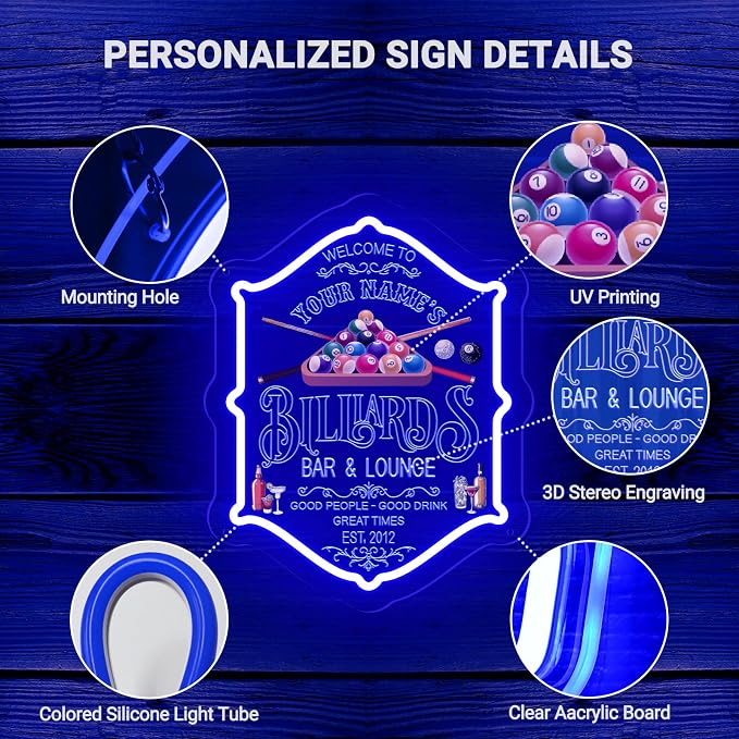 Custom Billiard Bar Neon Sign, Personalized LED Billiards Name Neon Lights for Wall Decor, Customized Cocktail Bar Light Up Signs Dimmable for Game Room Pool Room Home Pub Man Cave Lounge Business