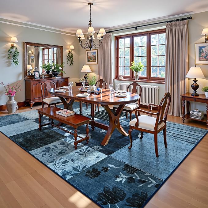 DweIke Floral Rugs for Living Room, 8x10 Washable Area Rug for Dining Room Farmhouse Office Bedroom Decor, Geometric Patchwork Stain Resistant Low Pile Indoor Floor Throw Rugs, Navy Blue