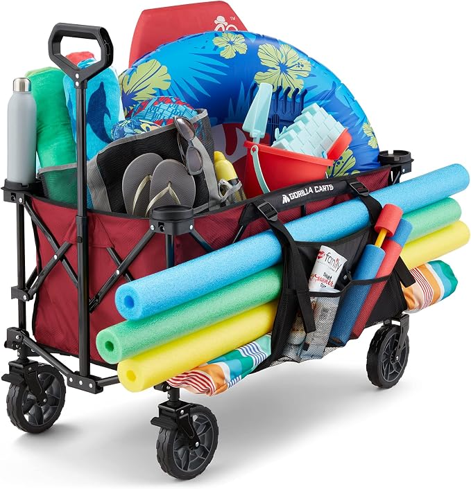 Gorilla Carts Collapsible Folding Outdoor Utility Wagon, 7 Cu Ft Oversized Bed, 150 lb Load Rating, Red – Foldable Rolling Cart w/ Pockets & Cup Holders for Beach, Camping, Sports or Picnic