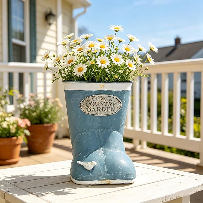 Vintage Blue Rain Boot Planter, Country Garden Metal Boot Flower Pot, Rustic Farmhouse Decorative Planter for Indoor Outdoor Succulents, Herbs, Garden & Porch Decor