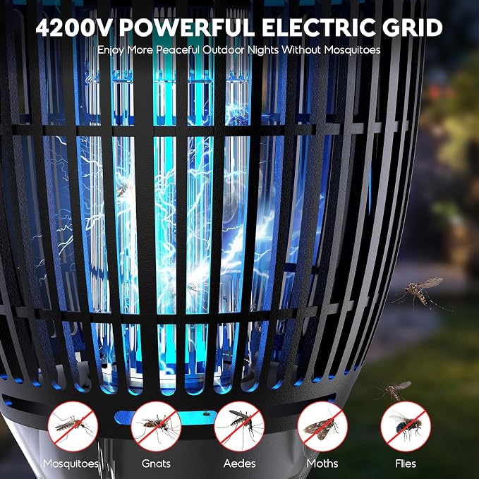 Solar Bug Zapper Outdoor, 4200V 3-in-1 Mosquito Zapper with Flame Light & RGB Projector, Solar Powered & USB Rechargeable, Smart Auto Mode, IP65 Waterproof Mosquito Killer for Yard Garden 2000 Sq Ft