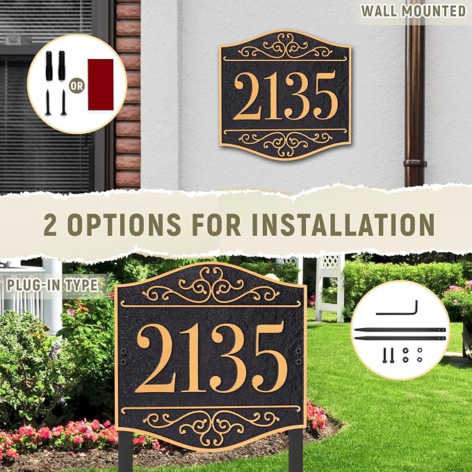 Personalized Lawn Address Sign - Custom Address Plaque,House Number Sign Plaque,House Numbers for Outside Lawn,Ground,Yard,Garden (Black/Gold)