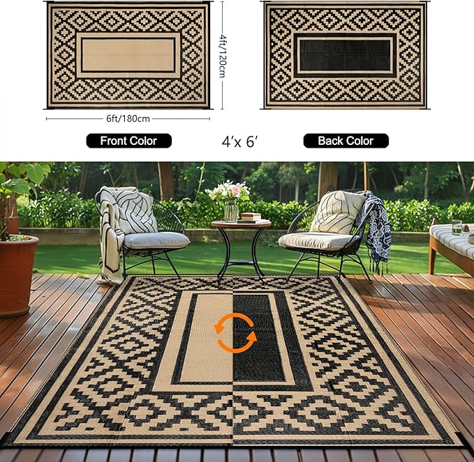 Outdoor Patio Plastic Straw Rug - 4x6 ft Outdoor Camping Rug Waterproof Reversible, Area Carpet Patios RV, Outside Porch Balcony Deck for Camper, Stripe Black Brown