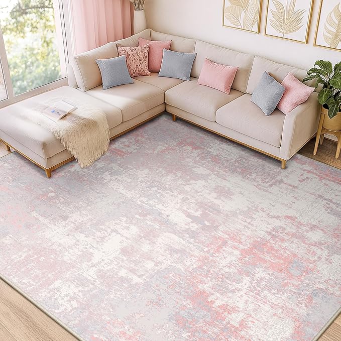 RELEANY Washable 10'x14' Abstract Area Rug for Living Room Gray Pink | Carpet for Bedroom, Kitchen, Office, Hallway and Entryway, Printed Pattern, Non‑Slip, Soft, Stain‑Resistant, Easy to Clean