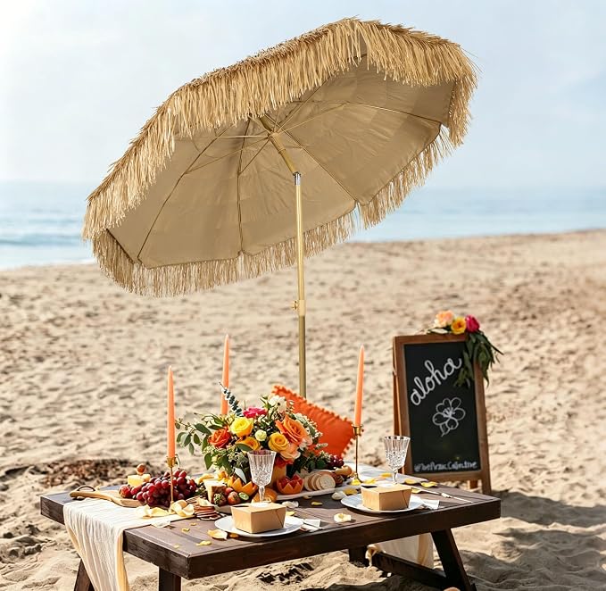 Hula Thatched Tiki Umbrella Tropical Palapa Raffia Tiki Hut Hawaiian Patio Umbrella with Fringe Boho Parasol 6' 8' & 9' Options