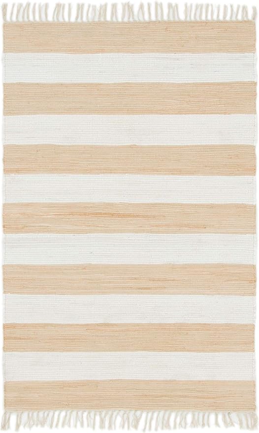 Unique Loom Chindi Rag Collection Area Rug - Striped (4' 1" x 6' 1" Rectangle, Beige/ Ivory)