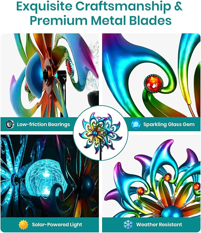 Solar Wind Spinner Metal Bird of Paradise Kinetic Garden Yard Art | Multi-color solar glow orb,Bird of paradise metal spinner,Whisper-quiet bearings,Stable 5-prong stake,Hand-Crafted Art