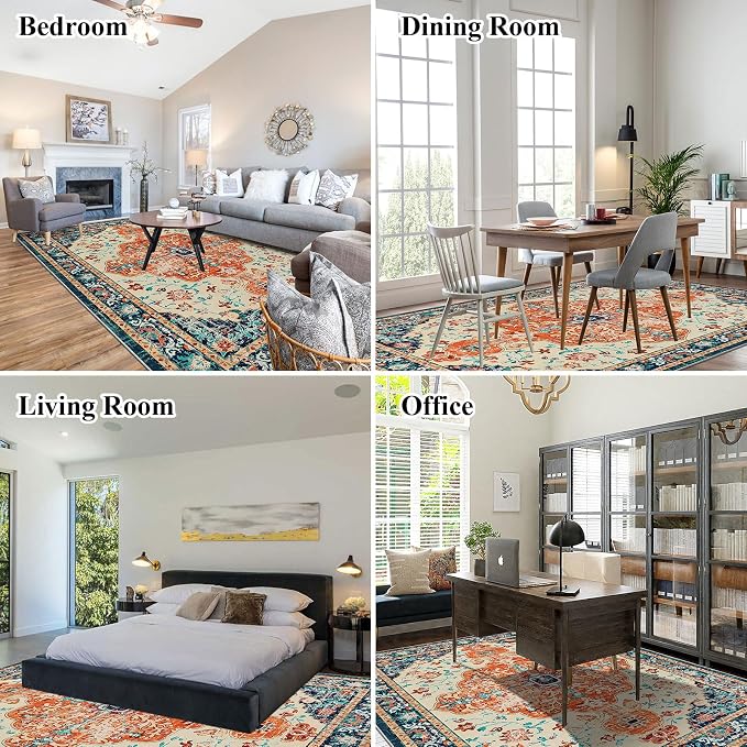 U'Artlines Boho Vintage Area Rug 8x10 Machine Washable Carpet,Orange/Multi | Low Pile, Non Slip, Ultra-Thin Soft Floor Carpet, Accent Rug for Living Room Bedroom Entryway Dining Room Office