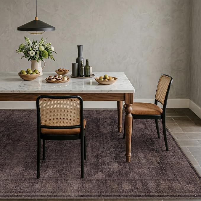 Farmhouse Dark Taupe Brown Rug for Dining Room Table- 6x9 Large Area Rugs for Living Room, Vintage Boho Washable Rug for Bedroom with Distressed Geometric Design, Stain Resistant Low Pile Non-Slip