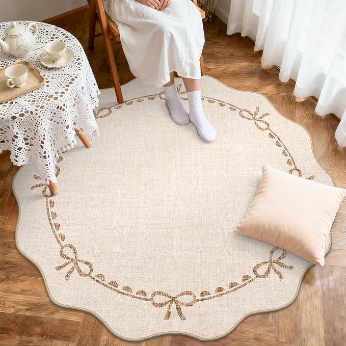 GarveeHome 5ft Round Rugs Washable Scalloped Bow Rug for Bedroom, Beige | Non Slip Soft Low Pile Ultra-Thin Indoor Carpet for Living Room Nursery Girls Dorm Decor Kids Room Playroom