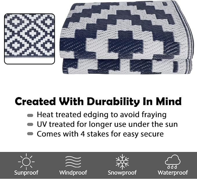 SAND MINE Reversible Mats, Plastic Straw Rug, Modern Area Rug, Large Floor Mat and Rug for Outdoors, RV, Patio, Backyard, Deck, Picnic, Beach, Trailer, Camping, Dark Blue & White, 5' x 8'