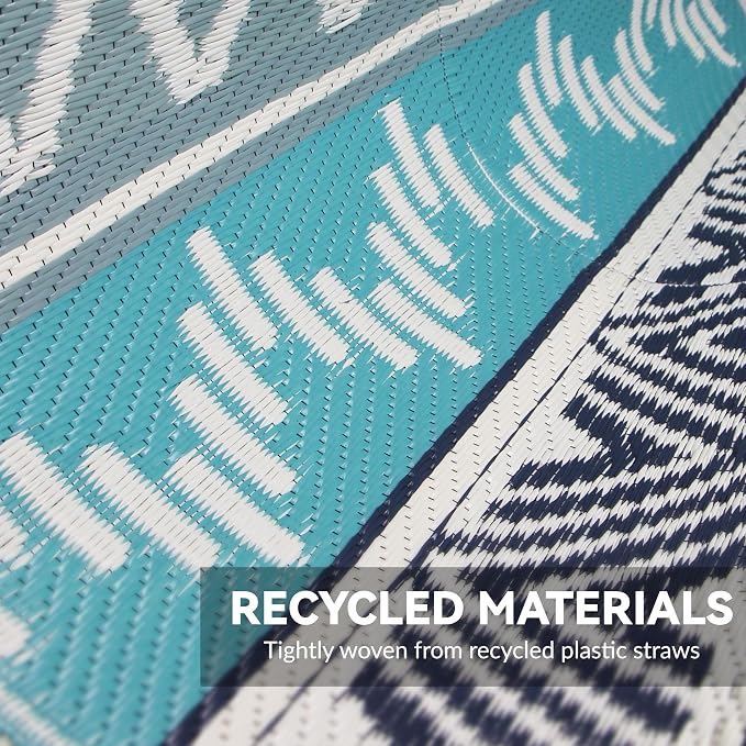 Outdoor Rug 6 x 9 ft, Reversible Plastic Straw Rug for Patio, Waterproof Large Outdoor Carpet for RV, Patio, Camping, Backyard, Deck, Picnic, Beach, Blue & Grey
