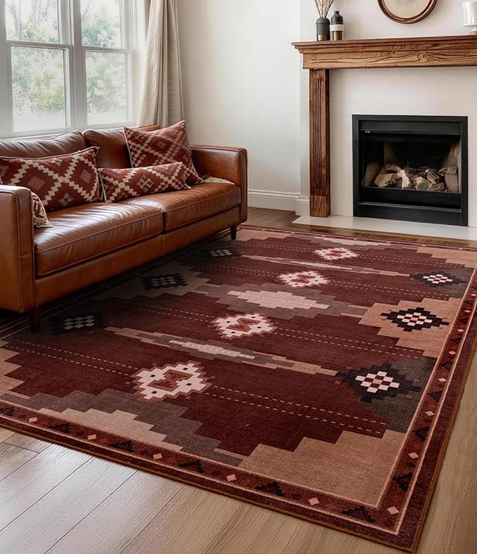 YIHOUSE 5’x7’ Washable Western Red Aztec Area Rug for Living Room | Non-Slip, Soft, Low Pile, Southwestern Retro Navajo Rug for Bedroom Dining Room, Red/Brown