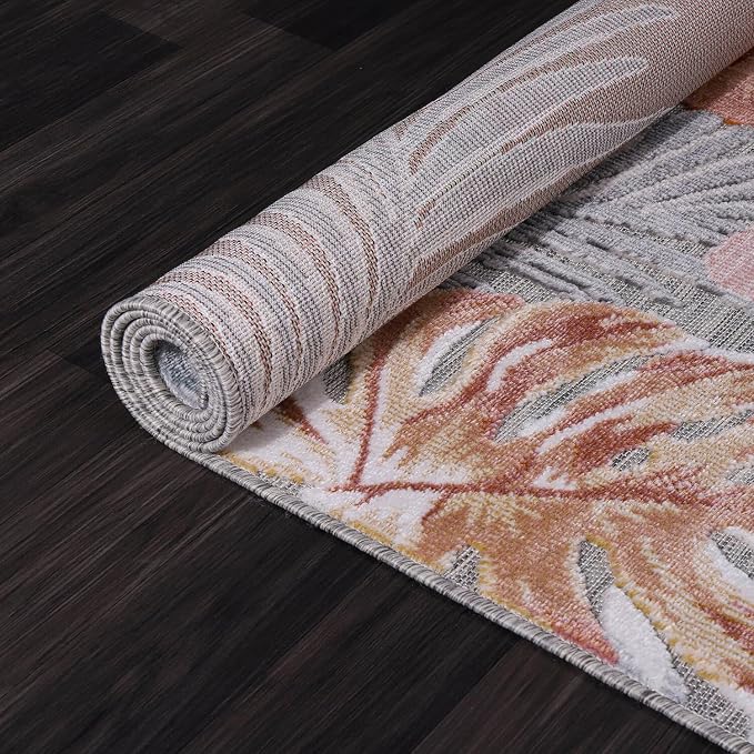 CAMILSON Indoor Outdoor Rug, Multi 5x7 Leaf Tropical Botanical Area Rugs for Indoor and Outdoor patios, Easy-Cleaning Non-Shedding Living Room, Garden and Kitchen Washable Outside Carpet (5 x 7)