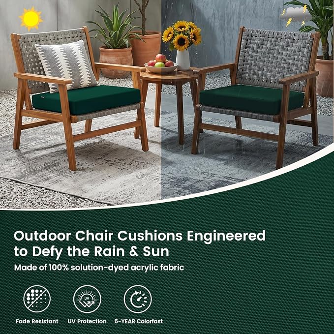 Favoyard Patio Chair Square Cushions Set of 2, Green, 24 x 24 x 4 inches | 5-Year Fade-resistant & Water-resistant Memory Foam Pad with Removable Cover & Ties for Outdoor Furniture Dining Chairs Seat