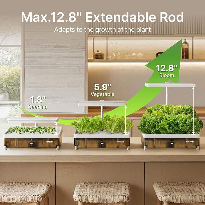 SUNCOZE Hydroponics Growing System 13 Pods, with Dimmable Light | 4L Visible Water Tank, Adjustable Height to 12.8 in, Digital Timer, Water Reminder, Indoor Herb Garden, Gardening Gifts