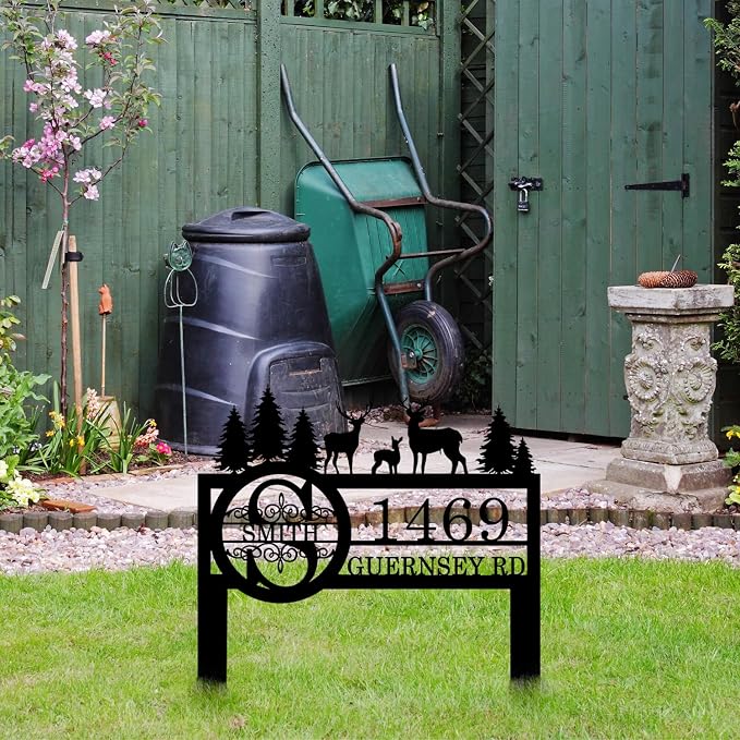 Personalized Deer Wildlife Decor for Outside, Custom Garden Address Sign with Metal Stake, Address House Number Sign, Name Farmhouse Decoration, Yard Housewarming Gift, Camping Decor for Outdoor