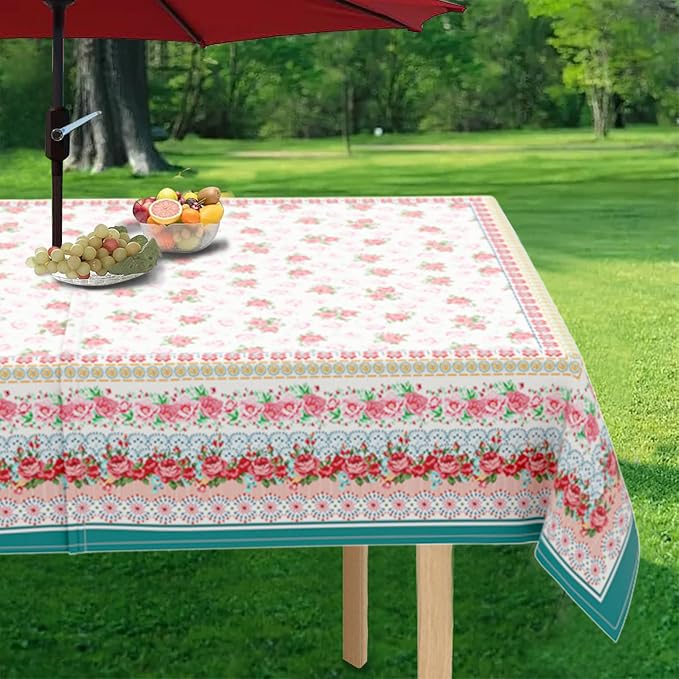 Outdoor Tablecloth with Umbrella Hole and Zipper, Rectangle Patio Table Covers for Spring/Summer, Machine Washable Outdoor Picnic Table Cloth (Pioneer, 60" × 84" Rectangular)