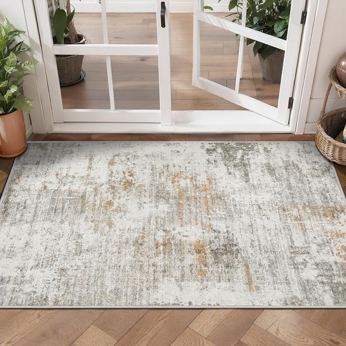 Tangsoo Abstract 2x3 Washable Rugs for Entryway, Small Area Rug Non Slip | Modern Low Pile Soft Throw Rugs, Farmhouse Indoor Front Door Mat Rug for Entrance Entry Foyer Kitchen Bathroom Beige Decor