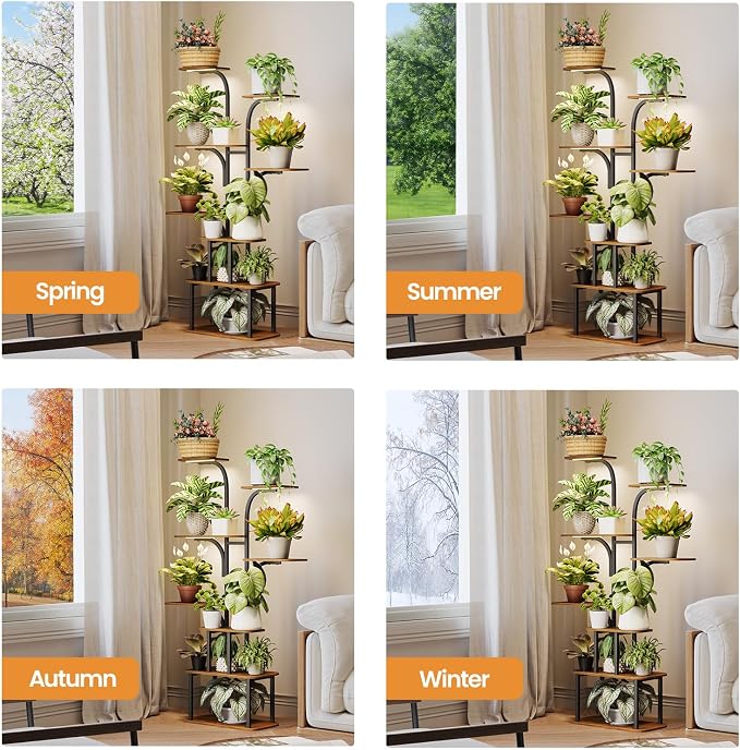 Tall Plant Stand with Grow Lights – 8 Tier 63" Metal and Wooden Indoor Flower Shelf Rack, Adjustable Large Corner Organizer for Living Room or Home Gardening Display
