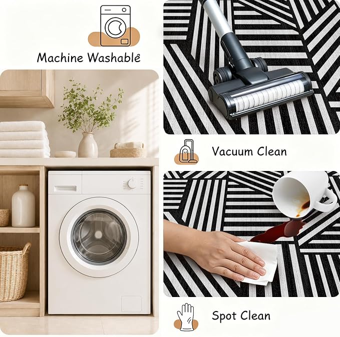 5x7 Black and White Geometric Stripe Area Rug for Living Room Bedroom Abstract Modern Large Rug Machine Washable Non-Slip Carpet for Dining Room Office