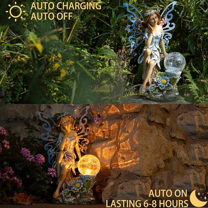 Suyorpe Garden Fairy Statues Solar Outdoor Decor - Fairy Garden Accessories, Fairies Figurine for Outside Gifts,Resin Ornaments for Patio Yard Lawn
