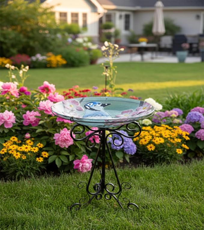 Large Bird Bath for Outside, 18" H Glass Bath Bowl with Metal Stand 28" H Standing Outdoor Birdbaths for Garden Yard Lawn Decor, Blue Jay