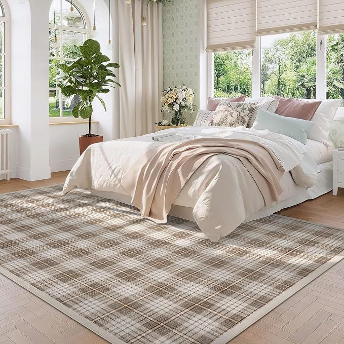 GarveeHome Checkered Machine Washable Area Rugs 8x10, Stain Resistant Non Slip Backing Low-Pile Rug Indoor Outdoor Carpet for Living Room Office Bedroom Dining Room Nursery Beige