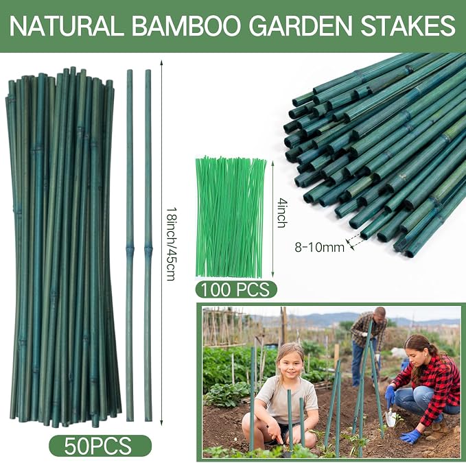 Suclain 50 Pcs 18 Inch Bamboo Stakes for Plant Support Bamboo Sticks Poles Indoor and Outdoor Tall Garden Stakes with 100 Twist Ties for Tomato Bean Flowers Trees Potted and Climbing Plant Support