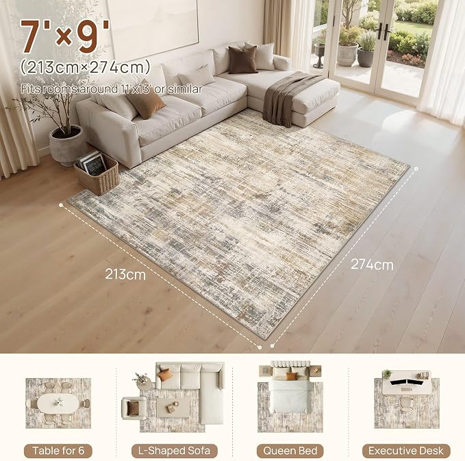 UERMEI 7x9 Area Rug for Living Room Washable Abstract Golden Brown Carpet | Low Pile Non-Slip Soft Neutral Modern Kid Pet Friendly Large Rugs For Bedroom Dining Room Nursery Office Indoor Decor