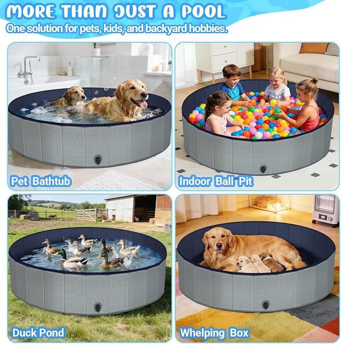 Dog Kiddie Pool for Small Medium Large Dogs, Kids, 47" Gray | Includes Repair Patches, Non-Slip Bottom, Scratch-Resistant, Collapse Prevention, Indoor & Outdoor Use, Easy Maintenance