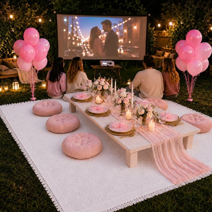 Cinrobiye Boho Picnic Party Set for Outdoor, Aesthetic Picnic Setup with Large Picnic Blanket, Floor Cushions, Table Runner, Napkins, Balloons for Wedding, Bridal Shower, Birthday(Pink)