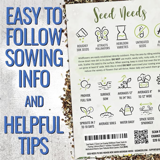 Seed Needs Wildflower Seeds Low Growing 2 Ounce Heirloom Bulk Pack